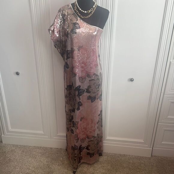 Anthropologie Dresses & Skirts - Anthropologie One Shoulder Sequin Floral Dress - Pink and Black